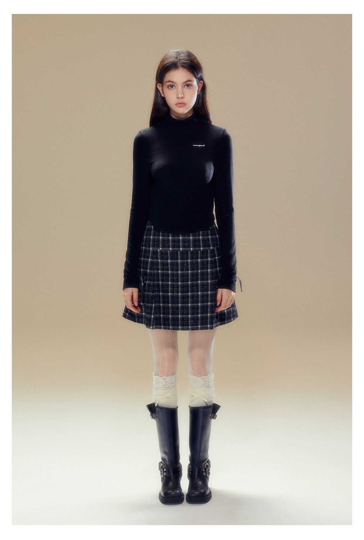 Black Plaid A-line Wool Skirt - CHINASQUAD