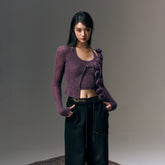 Gray & Purple Rose Wool Knitted Sweater & Vest Set - CHINASQUAD