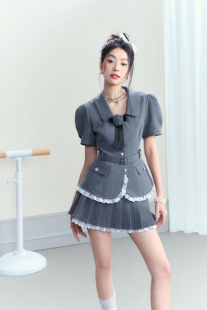 Stripe Patterned Top and Low Waist Pleated Skirt Set - CHINASQUAD