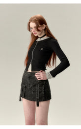 Brown & Black Denim Mini Skirt - CHINASQUAD