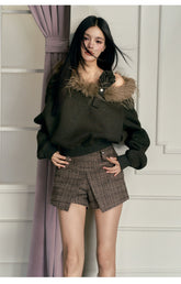 Brown High-Waisted Tweed Shorts - CHINASQUAD