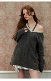 Apricot & Gray Lace Halterneck Sweater - CHINASQUAD