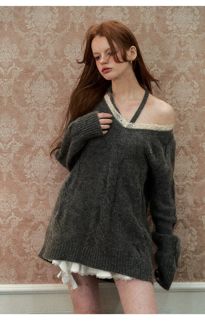 Apricot &amp; Gray Lace Halterneck Sweater - CHINASQUAD