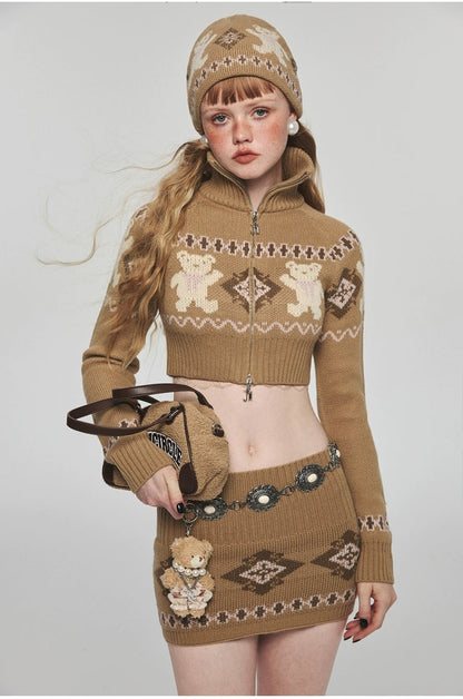 Jacquard Stand Collar Zip-up Sweater &amp; Skirts Set - CHINASQUAD