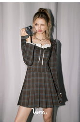 Plaid Square Neck Pleated Dress - CHINASQUAD