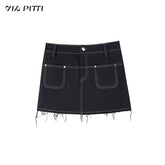 Black Denim 2-in-1 Studded Frayed Mini Skirt - CHINASQUAD