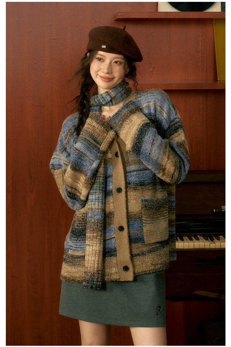 Striped Knit Cardigan &amp; Scarf Set - CHINASQUAD