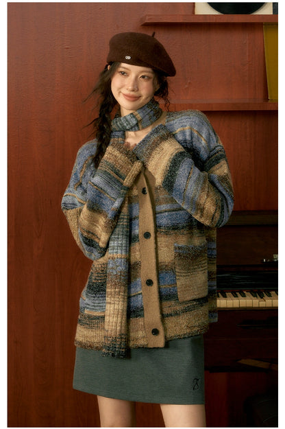 Striped Knit Cardigan &amp; Scarf Set - CHINASQUAD