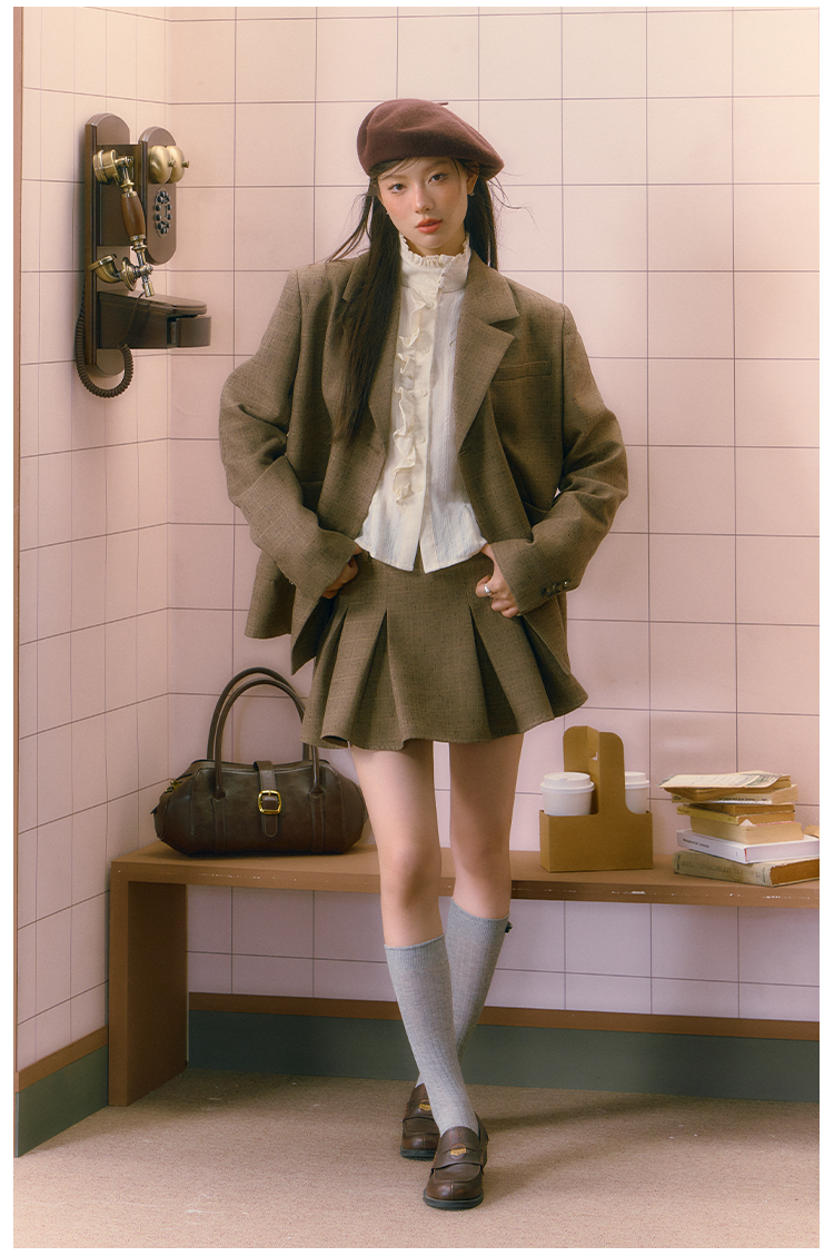 Khaki Three-Piece Merad High-End Suit Jacket &amp; Pleated Skirt Set - CHINASQUAD