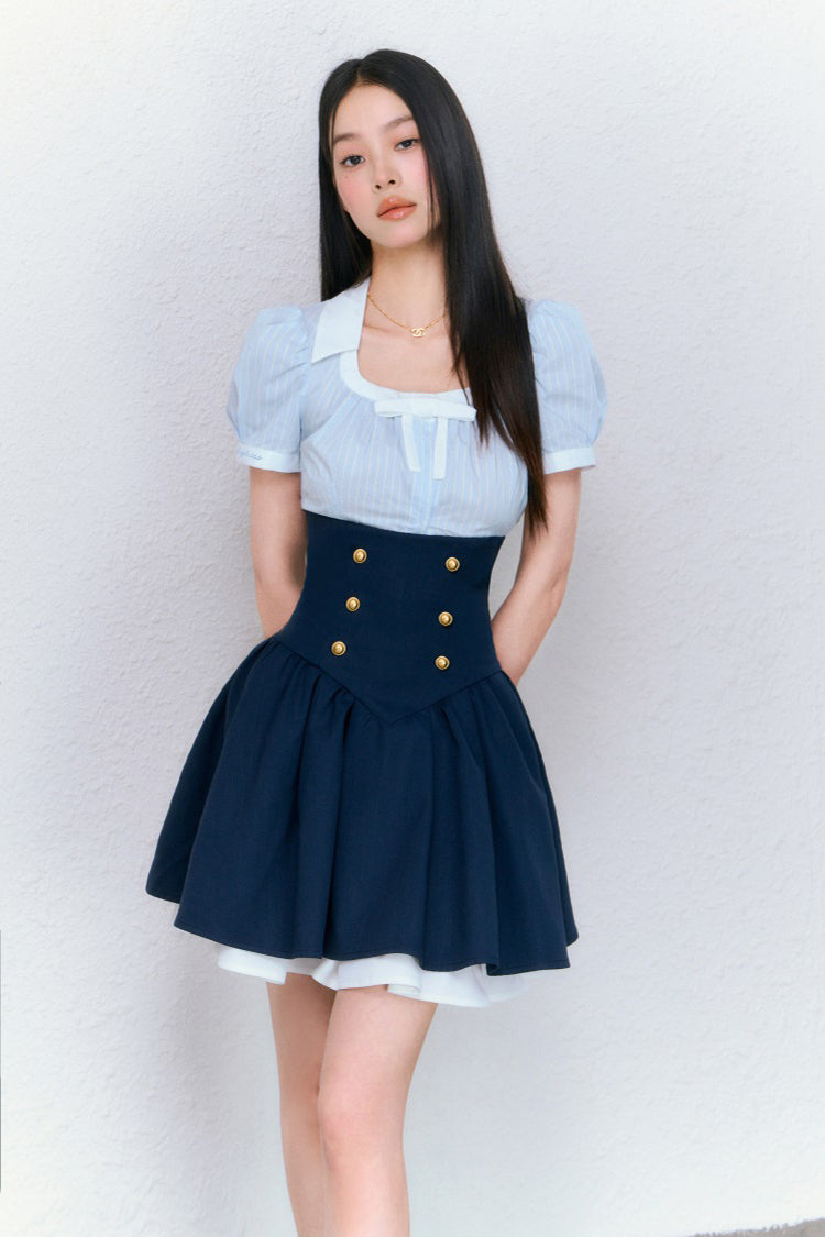 College Striped Shirt &amp; Navy High Waist Skirt Set - CHINASQUAD