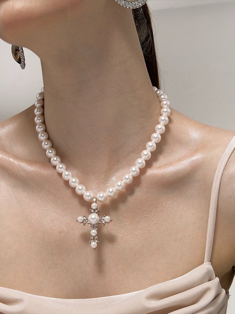 Retro Baroque Pearl Cross Necklace - CHINASQUAD