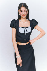 Black puff sleeve Square Neck Top & Midi Skirt Set - CHINASQUAD