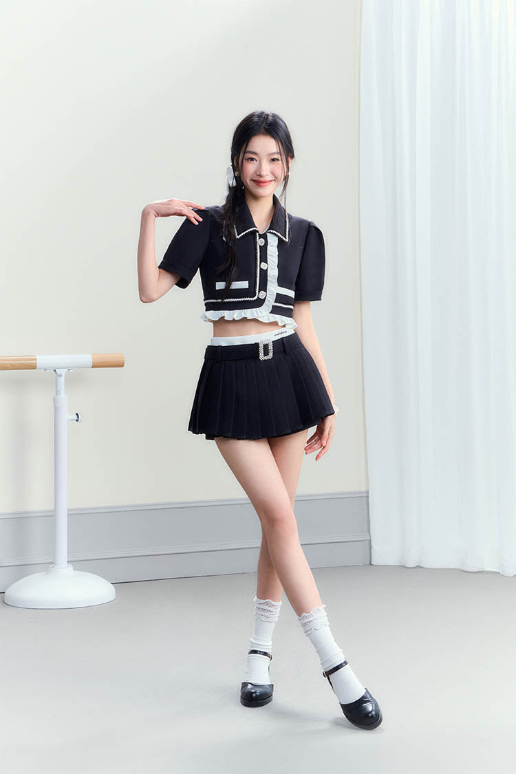 Vintage Polo Collar Top &amp; Black Pleated Skirt Set - CHINASQUAD