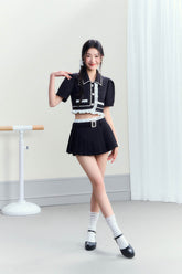 Vintage Polo Collar Top & Black Pleated Skirt Set - CHINASQUAD