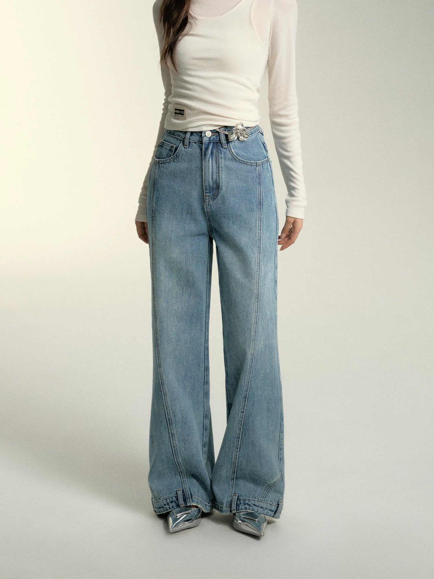 Light Blue Patchwork Wide-Leg Jeans - CHINASQUAD