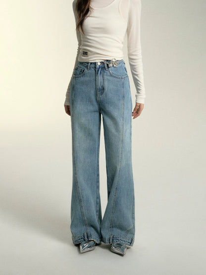 Light Blue Patchwork Wide-Leg Jeans - CHINASQUAD