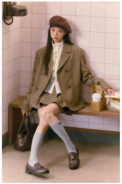Khaki Three-Piece Merad High-End Suit Jacket &amp; Pleated Skirt Set - CHINASQUAD