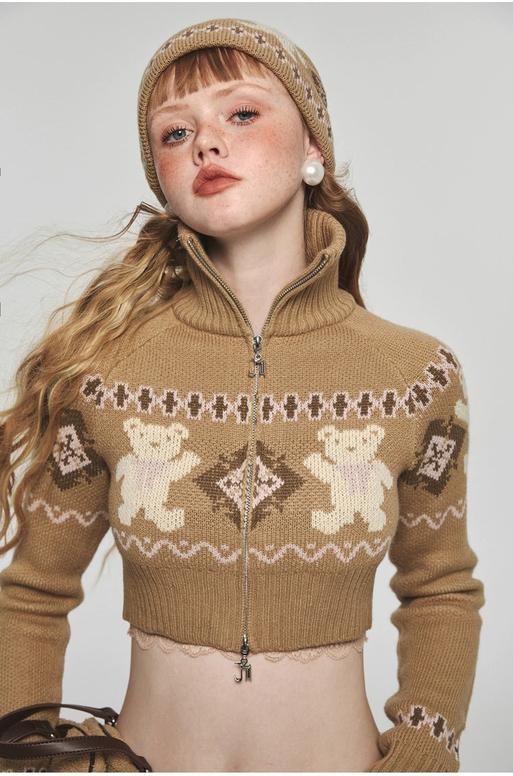 Jacquard Stand Collar Zip-up Sweater &amp; Skirts Set - CHINASQUAD
