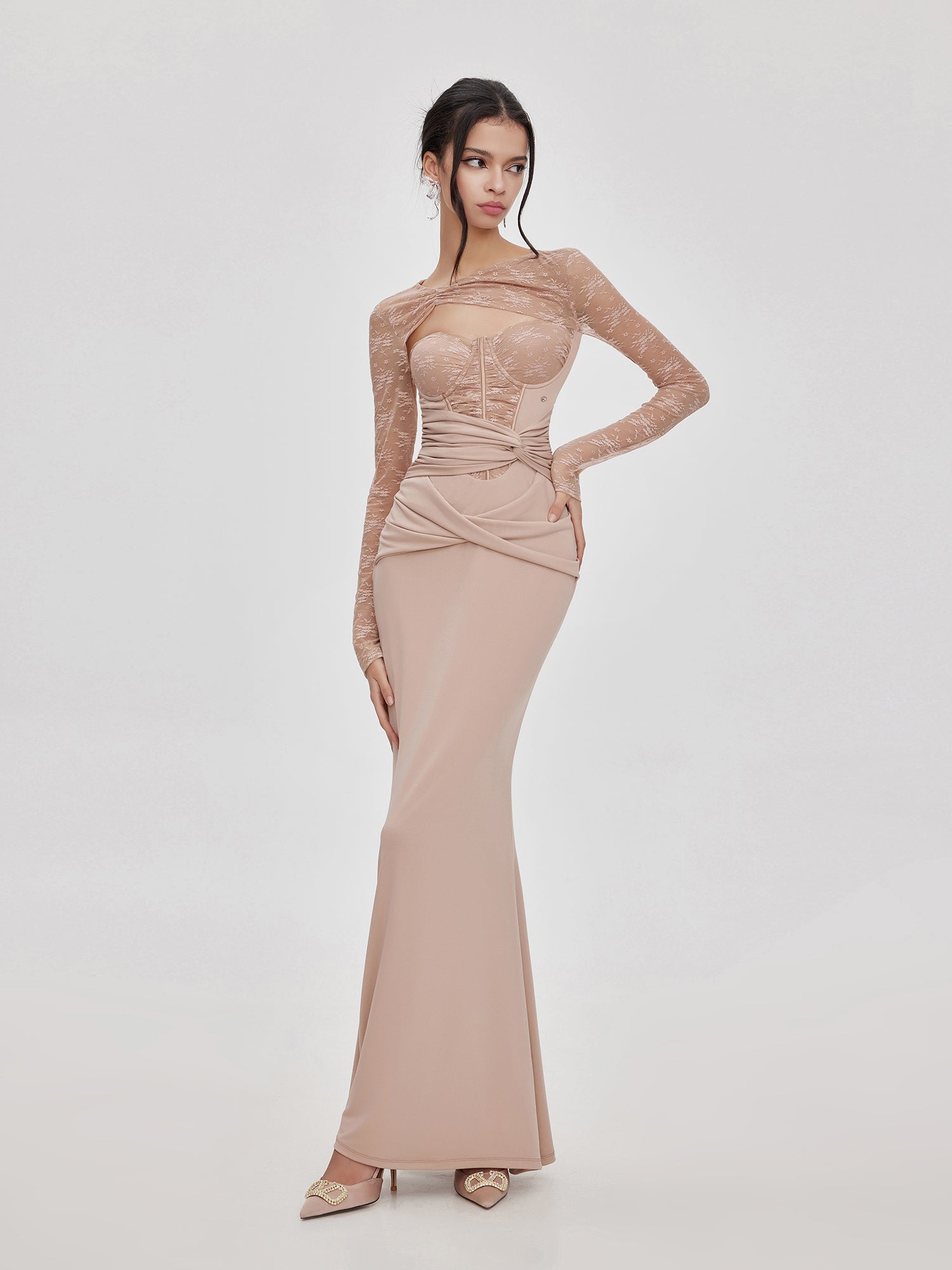 Pink &amp; Black Hollow Lace Fishtail Dress - CHINASQUAD