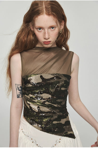 Camouflage Sequin Mesh Tank Top - CHINASQUAD