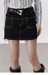 Black Denim 2-in-1 Studded Frayed Mini Skirt - CHINASQUAD