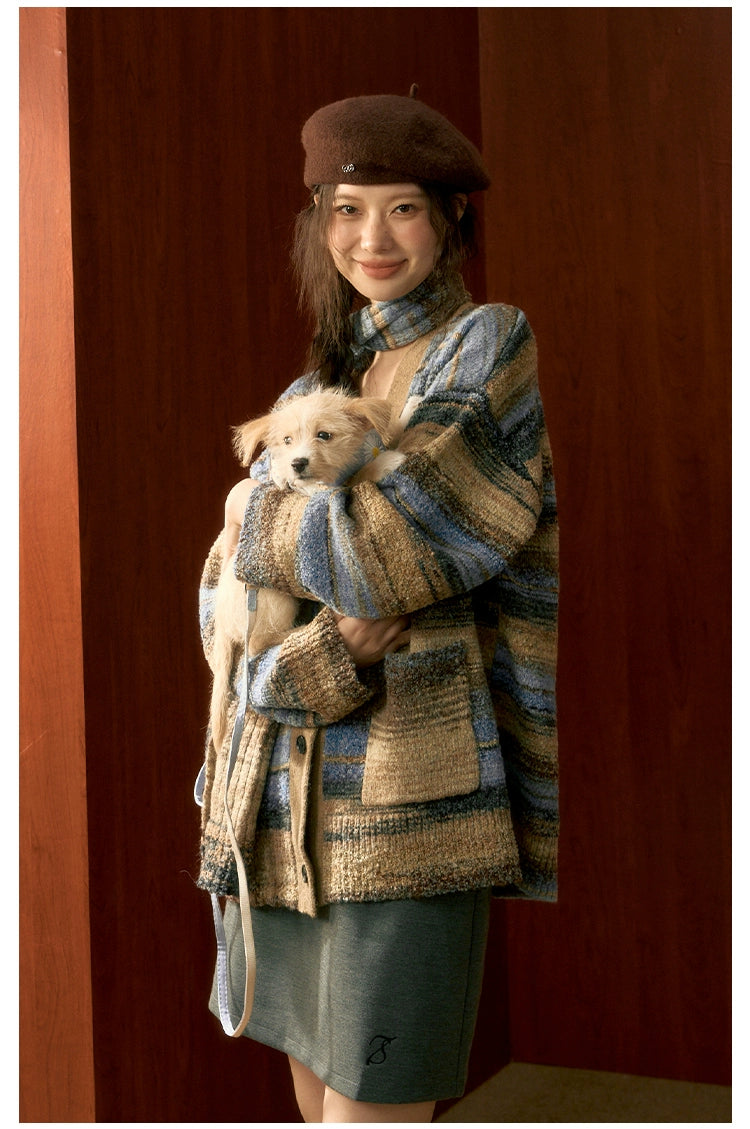 Striped Knit Cardigan &amp; Scarf Set - CHINASQUAD