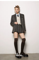 Padded Shoulders Plaid Blazer - CHINASQUAD