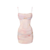 Pink Mesh Halter Pleated Mini Dress - CHINASQUAD