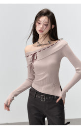 Black & Brown Off-shoulder Knitted Long Sleeve T-shirt - CHINASQUAD