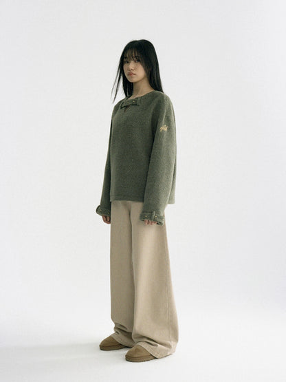 Green Rivet V-neck Sweater - CHINASQUAD