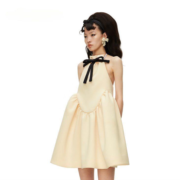 Tricolor Bow-tie Retro Halter Puff Mini Dress - CHINASQUAD