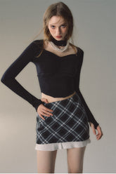 Khaki & Black Patchwork Checkered 2-in-1 Mini Skirt - CHINASQUAD