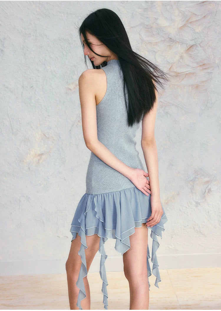 Blue Irregular Ruffled Mini Dress - CHINASQUAD