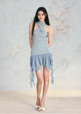 Blue Irregular Ruffled Mini Dress - CHINASQUAD