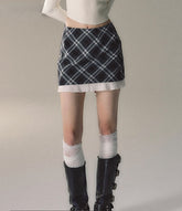 Khaki & Black Patchwork Checkered 2-in-1 Mini Skirt - CHINASQUAD