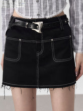 Black Denim 2-in-1 Studded Frayed Mini Skirt - CHINASQUAD