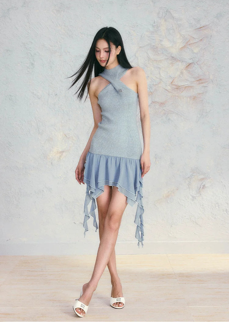 Blue Irregular Ruffled Mini Dress - CHINASQUAD