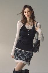 Khaki & Black Patchwork Checkered 2-in-1 Mini Skirt - CHINASQUAD