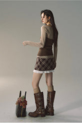 Khaki & Black Patchwork Checkered 2-in-1 Mini Skirt - CHINASQUAD